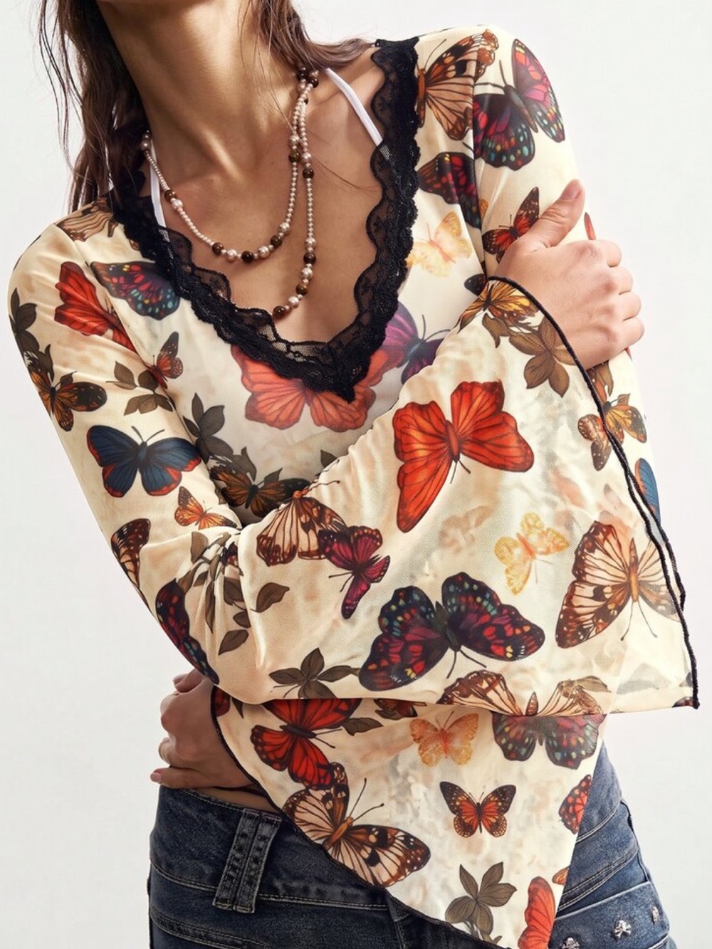 Butterfly mesh Print V-Neck Long Sleeve Top - Cream/Multicolor